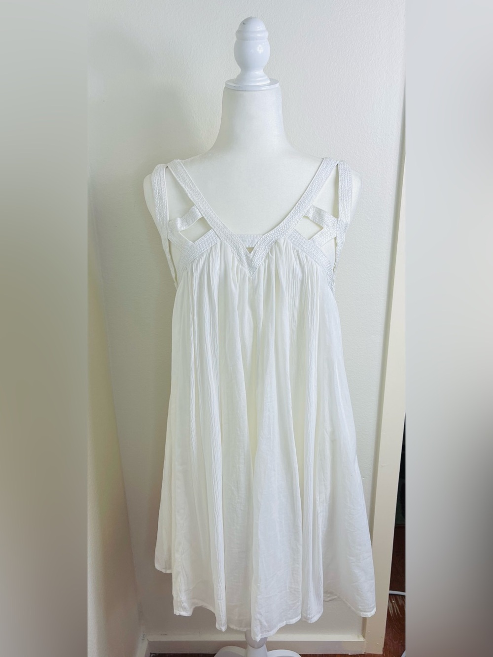 Freeway White Crinkle Cotton Cutout Strappy Babydoll Mini Dress Size Large